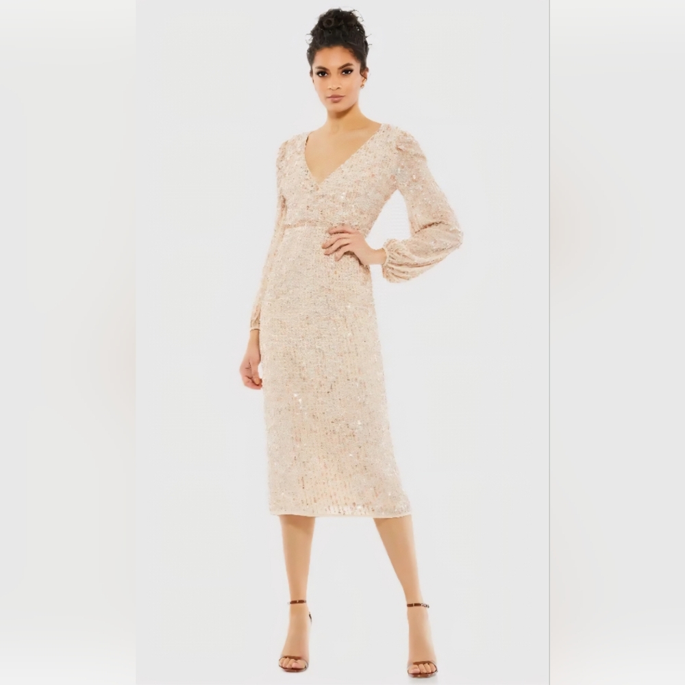 Mac Duggal Beige Puff Sleeve Sequin Midi Dress